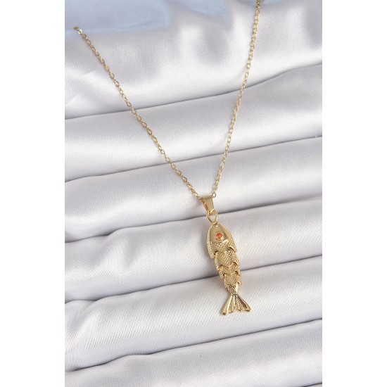 316L Çelik Zincir Gold Renk Zirkon Taşlı Balık Figürlü Kolye - TJ-BKO10234
