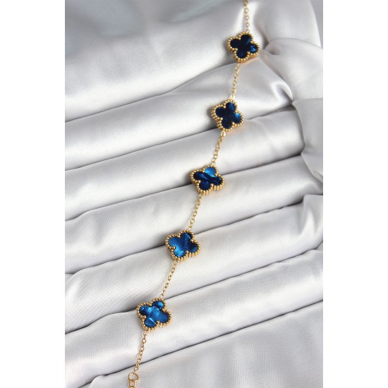 316L Çelik Sedefli Lacivert Gold Renk Yonca Kadın Bileklik - TJ-BB6964