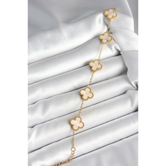 316L Çelik Sedefli Kırık Beyaz Gold Renk Yonca Kadın Bileklik - TJ-BB6965