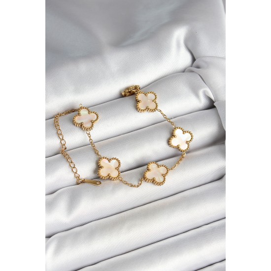 316L Çelik Sedefli Kırık Beyaz Gold Renk Yonca Kadın Bileklik - TJ-BB6965