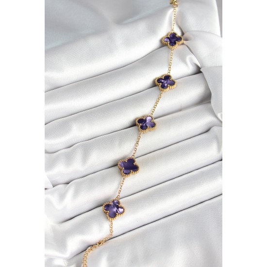 316L Çelik Sedefli Mor Gold Renk Yonca Kadın Bileklik - TJ-BB6966