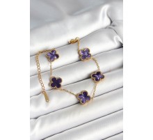 316L Çelik Sedefli Mor Gold Renk Yonca Kadın Bileklik - TJ-BB6966