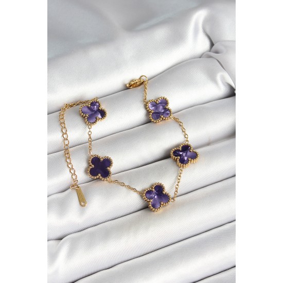 316L Çelik Sedefli Mor Gold Renk Yonca Kadın Bileklik - TJ-BB6966