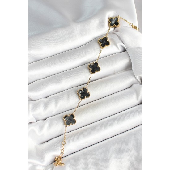 316L Çelik Sedefli Siyah Gold Renk Yonca Kadın Bileklik - TJ-BB6969