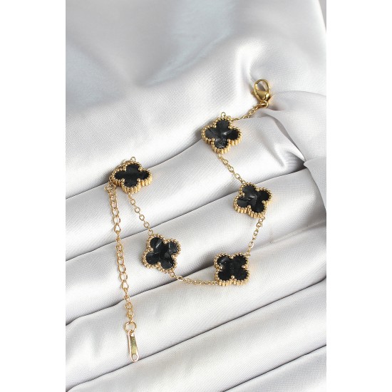 316L Çelik Sedefli Siyah Gold Renk Yonca Kadın Bileklik - TJ-BB6969