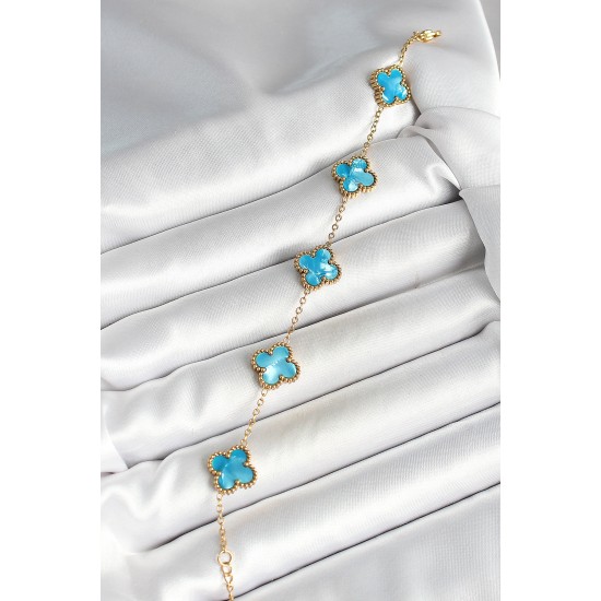 316L Çelik Sedefli Gökyüzü Mavisi Gold Renk Yonca Kadın Bileklik - TJ-BB6967