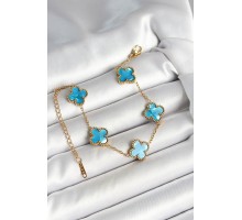 316L Çelik Sedefli Gökyüzü Mavisi Gold Renk Yonca Kadın Bileklik - TJ-BB6967