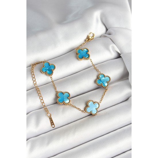 316L Çelik Sedefli Gökyüzü Mavisi Gold Renk Yonca Kadın Bileklik - TJ-BB6967