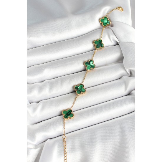 316L Çelik Sedefli Zümrüt Yeşil Gold Renk Yonca Kadın Bileklik - TJ-BB6968