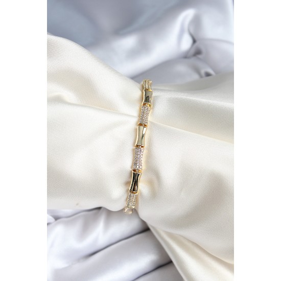Pirinç Kemik Model Zirkon Taşlı Gold Renk Kadın Bileklik - TJ-BB6978