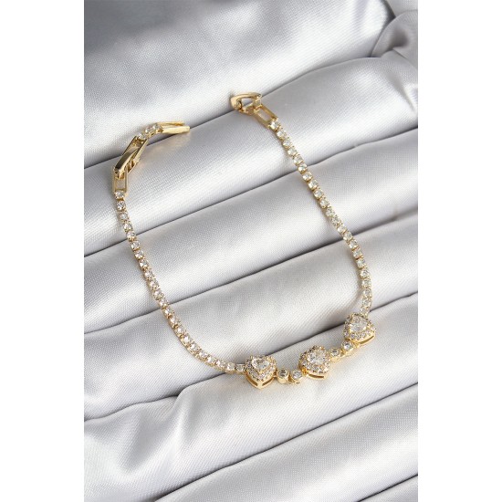 Pirinç Sıralı Kalp Figürlü Zirkon Taşlı Gold Renk Kadın Bileklik - TJ-BB6981