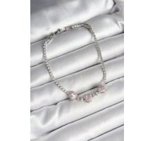 Pirinç Sıralı Pembe Kalp Figürlü Zirkon Taşlı Gümüş Renk Kadın Bileklik - TJ-BB6982