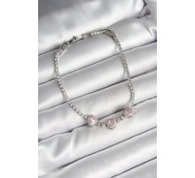 Pirinç Sıralı Pembe Kalp Figürlü Zirkon Taşlı Gümüş Renk Kadın Bileklik - TJ-BB6982