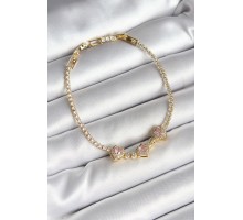 Pirinç Sıralı Pembe Kalp Figürlü Zirkon Taşlı Gold Renk Kadın Bileklik - TJ-BB6983