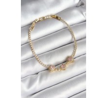 Pirinç Sıralı Pembe Kalp Figürlü Zirkon Taşlı Gold Renk Kadın Bileklik - TJ-BB6983