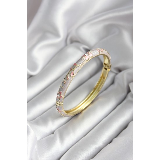 Mineli Pirinç Çiçek Desenli Zirkon Taşlı Gold Renk Kadın Kelepçe (çap 60 mm) - TJ-BB6984