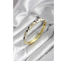 Mineli Pirinç Siyah Çiçek Desenli Zirkon Taşlı Gold Renk Kadın Kelepçe (çap 60 mm) - TJ-BB6985