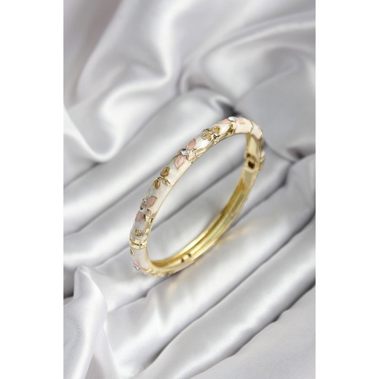 Mineli Pirinç Çiçek Desenli Zirkon Taşlı Gold Renk Kadın Kelepçe (çap 60 mm) - TJ-BB6986