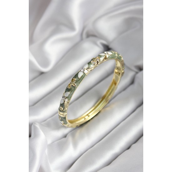 Mineli Pirinç Yeşil Çiçek Desenli Zirkon Taşlı Gold Renk Kadın Kelepçe (çap 60 mm) - TJ-BB6987