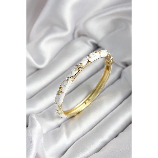 Mineli Pirinç Beyaz Çiçek Desenli Zirkon Taşlı Gold Renk Kadın Kelepçe (çap 60 mm) - TJ-BB6988