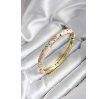 Mineli Pirinç Pembe Çiçek Desenli Zirkon Taşlı Gold Renk Kadın Kelepçe - TJ-BB6989