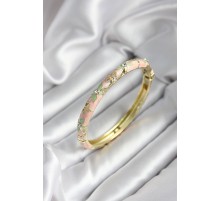 Mineli Pirinç Pembe Çiçek Desenli Zirkon Taşlı Gold Renk Kadın Kelepçe - TJ-BB6989