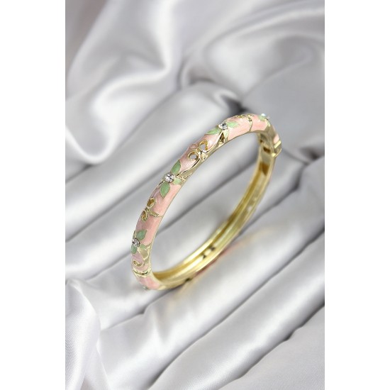 Mineli Pirinç Pembe Çiçek Desenli Zirkon Taşlı Gold Renk Kadın Kelepçe - TJ-BB6989