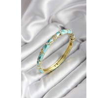 Mineli Pirinç Turkuaz Çiçek Desenli Zirkon Taşlı Gold Renk Kadın Kelepçe (çap 60 mm) - TJ-BB6990