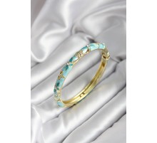 Mineli Pirinç Turkuaz Çiçek Desenli Zirkon Taşlı Gold Renk Kadın Kelepçe (çap 60 mm) - TJ-BB6990