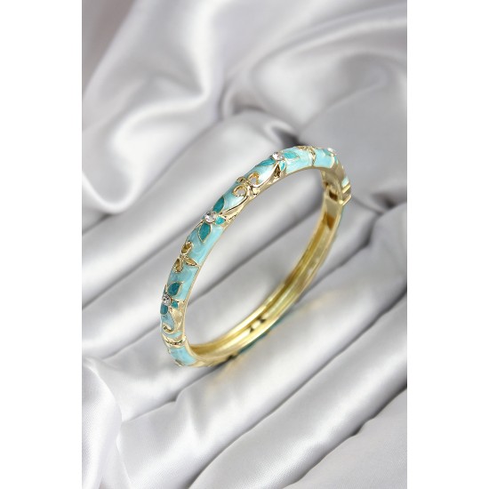 Mineli Pirinç Turkuaz Çiçek Desenli Zirkon Taşlı Gold Renk Kadın Kelepçe (çap 60 mm) - TJ-BB6990