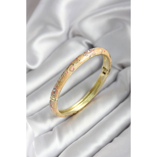 Mineli Pirinç Krem Çiçek Desenli Zirkon Taşlı Gold Renk Kadın Kelepçe (çap 60 mm) - TJ-BB6991