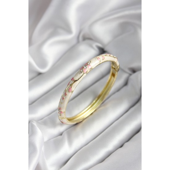 Mineli Pirinç Bej Çiçek Desenli Zirkon Taşlı Gold Renk Kadın Kelepçe (çap 60 mm) - TJ-BB6992