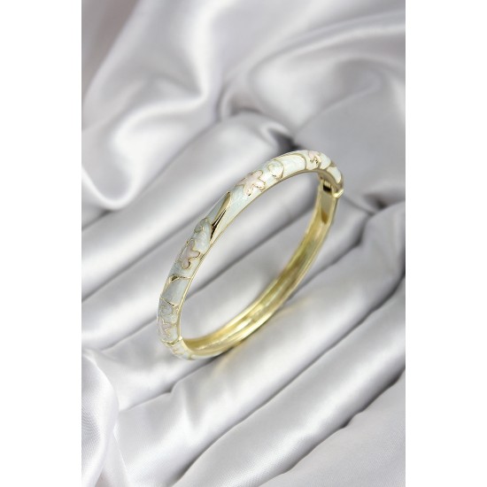 Mineli Pirinç Kırık Beyaz Çiçek Desenli Zirkon Taşlı Gold Renk Kadın Kelepçe (çap 60 mm) - TJ-BB6993