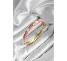 Mineli Pirinç Pembe Çiçek Desenli Gold Renk Kadın Kelepçe (çap 60 mm) - TJ-BB6994