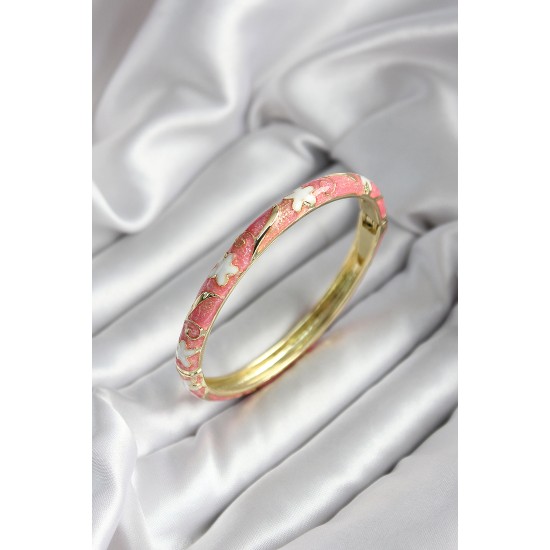 Mineli Pirinç Pembe Çiçek Desenli Gold Renk Kadın Kelepçe (çap 60 mm) - TJ-BB6994
