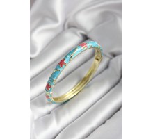 Mineli Pirinç Mavi Çiçek Desenli Gold Renk Kadın Kelepçe (çap 60 mm) - TJ-BB6995