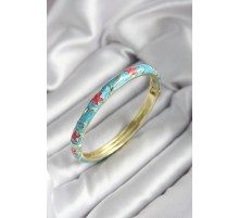 Mineli Pirinç Mavi Çiçek Desenli Gold Renk Kadın Kelepçe (çap 60 mm) - TJ-BB6995