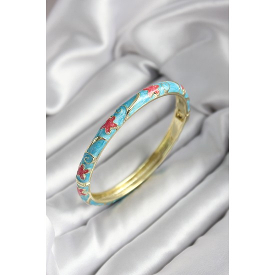 Mineli Pirinç Mavi Çiçek Desenli Gold Renk Kadın Kelepçe (çap 60 mm) - TJ-BB6995