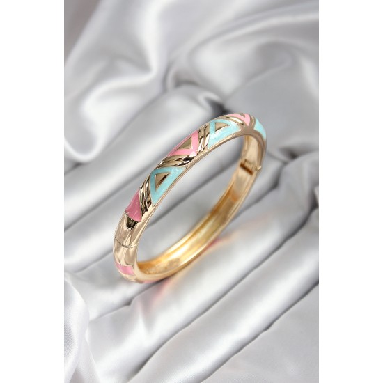 Mineli Pirinç Mavi Ve Pembe Üçgen Desenli Gold Renk Kadın Kelepçe (çap 60 mm) - TJ-BB6997
