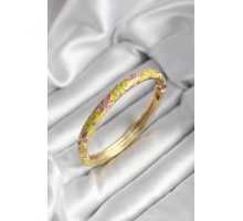 Mineli Pirinç Sarı Çiçek Desenli Gold Renk Kadın Kelepçe (çap 60 mm) - TJ-BB7000