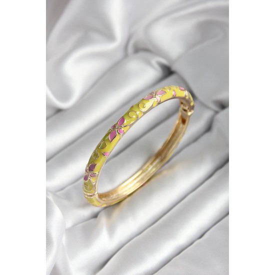 Mineli Pirinç Sarı Çiçek Desenli Gold Renk Kadın Kelepçe (çap 60 mm) - TJ-BB7000