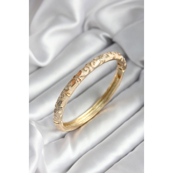Mineli Pirinç Bej Çiçek Desenli Gold Renk Kadın Kelepçe (çap 60 mm) - TJ-BB7001