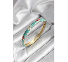 Mineli Pirinç Turkuaz Çiçek Desenli Gold Renk Kadın Kelepçe (çap 60 mm) - TJ-BB7002