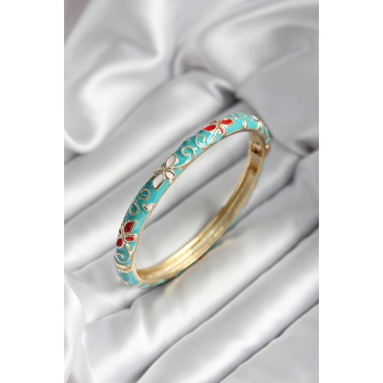 Mineli Pirinç Turkuaz Çiçek Desenli Gold Renk Kadın Kelepçe (çap 60 mm) - TJ-BB7002