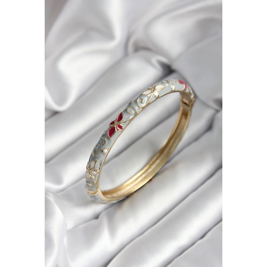 Mineli Pirinç Gri Çiçek Desenli Gold Renk Kadın Kelepçe - TJ-BB7004