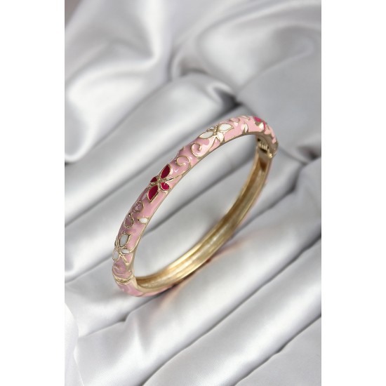 Mineli Pirinç Pembe Çiçek Desenli Gold Renk Kadın Kelepçe - TJ-BB7005