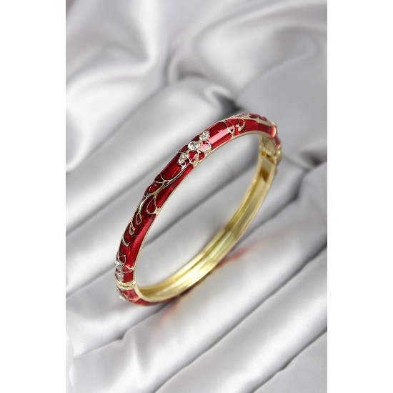 Mineli Pirinç Kırmızı Çiçek Desenli Zirkon Taşlı Gold Renk Kadın Kelepçe - TJ-BB7007