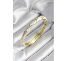 Mineli Pirinç Kırık Beyaz Çiçek Desenli Zirkon Taşlı Gold Renk Kadın Kelepçe - TJ-BB7008