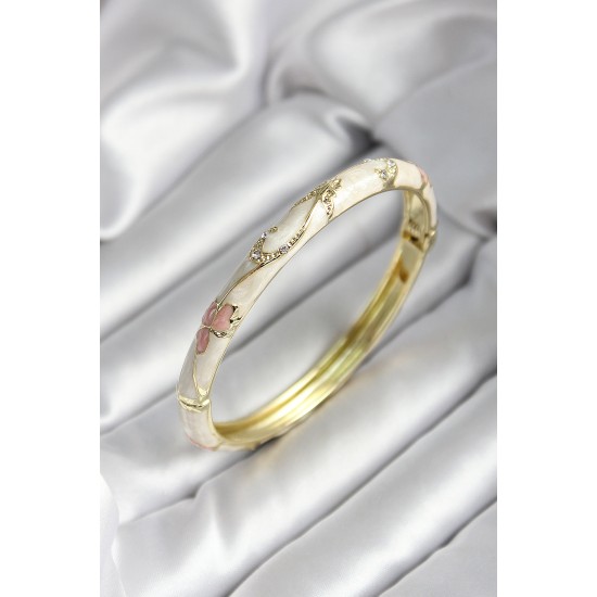 Mineli Pirinç Kırık Beyaz Çiçek Desenli Zirkon Taşlı Gold Renk Kadın Kelepçe - TJ-BB7008