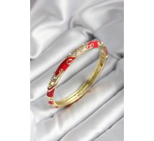 Mineli Pirinç Kırmızı Çiçek Desenli Zirkon Taşlı Gold Renk Kadın Kelepçe - TJ-BB7009